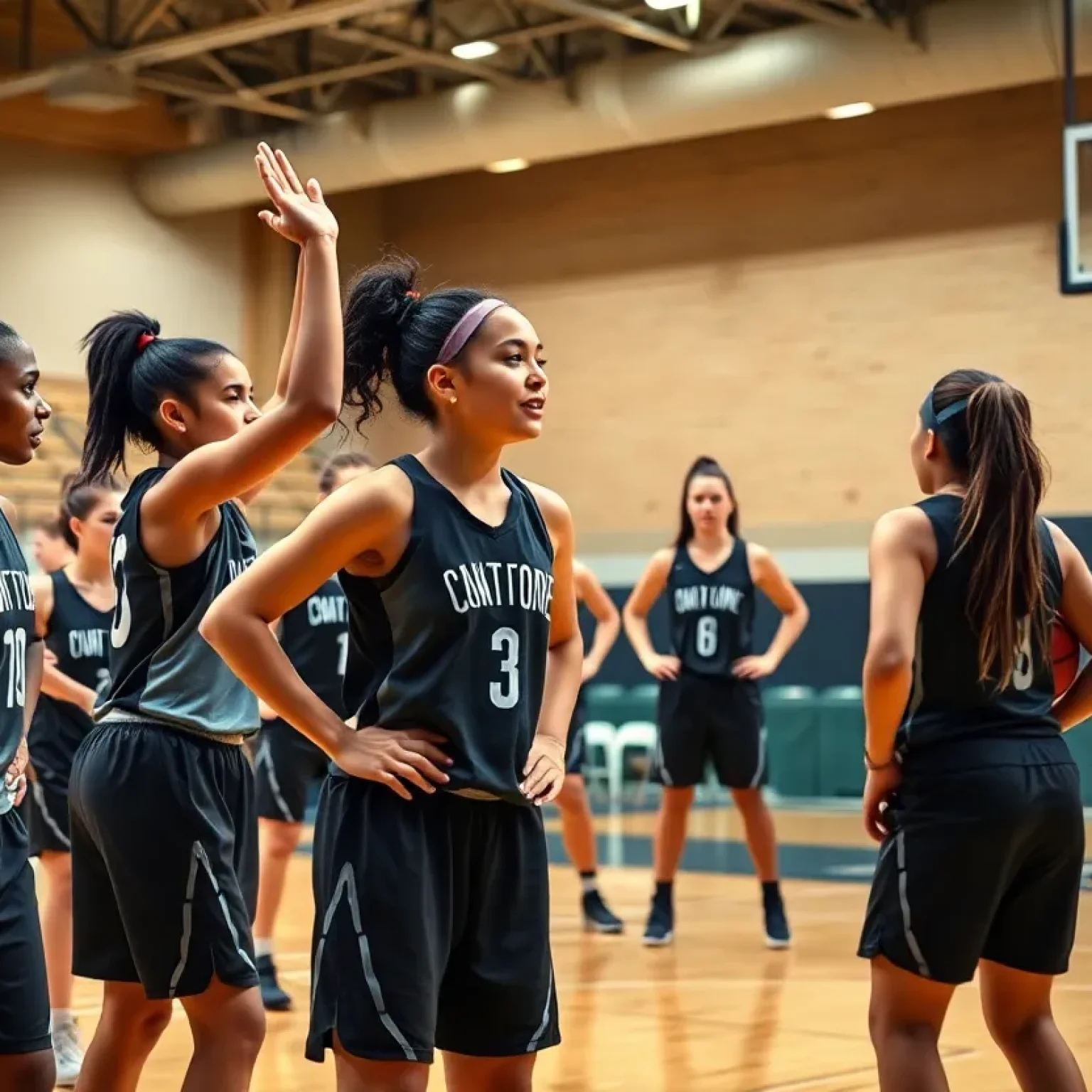 Women’s basketball team practicing under the guidance of coaches